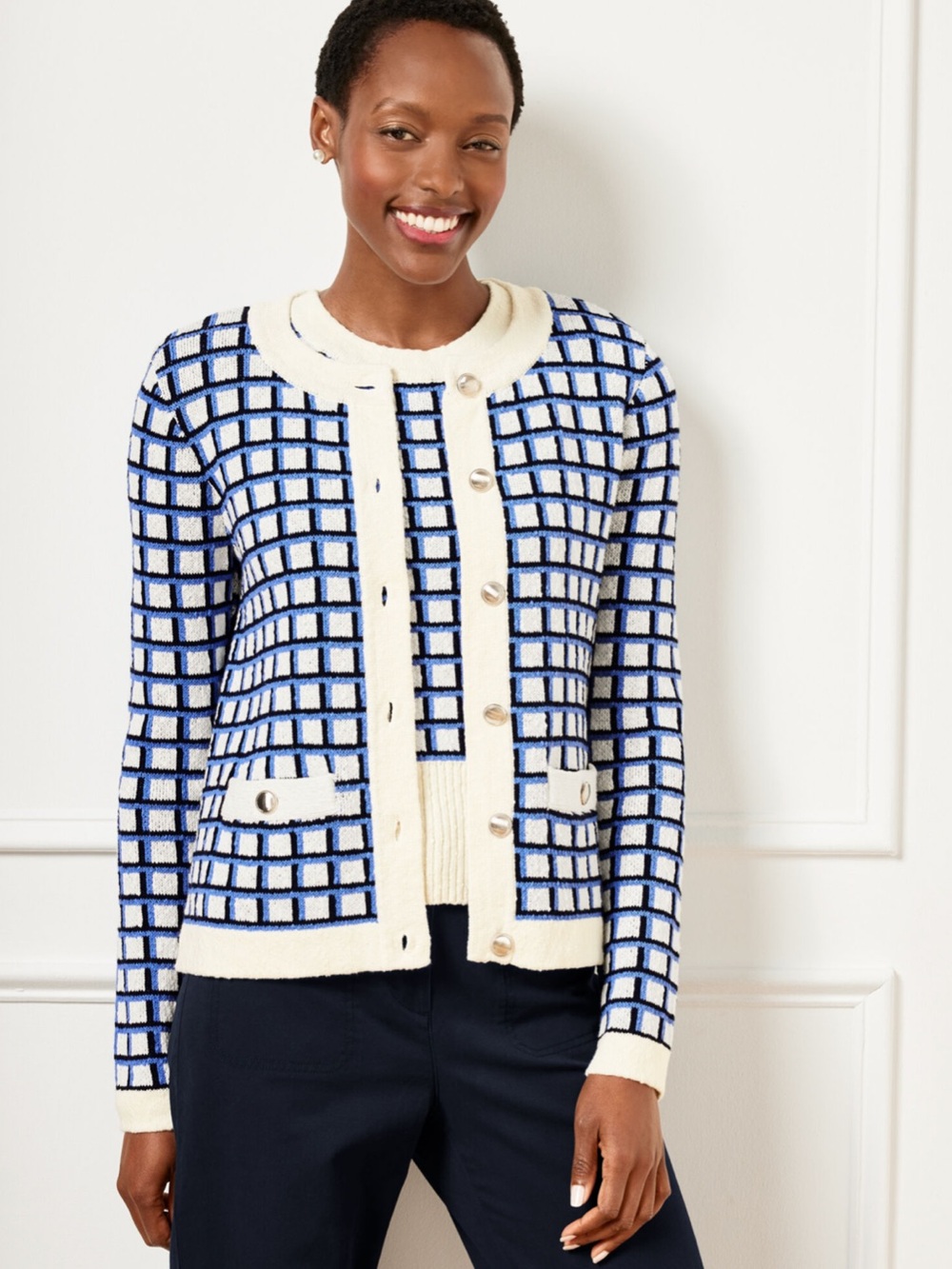 Talbots Cream and Blue Windowpane Knit Cardigan Size 2X